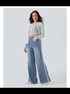 Halara Flex High Waisted Stripe Wide Leg Flowy Washed Jeans Small TALL #061